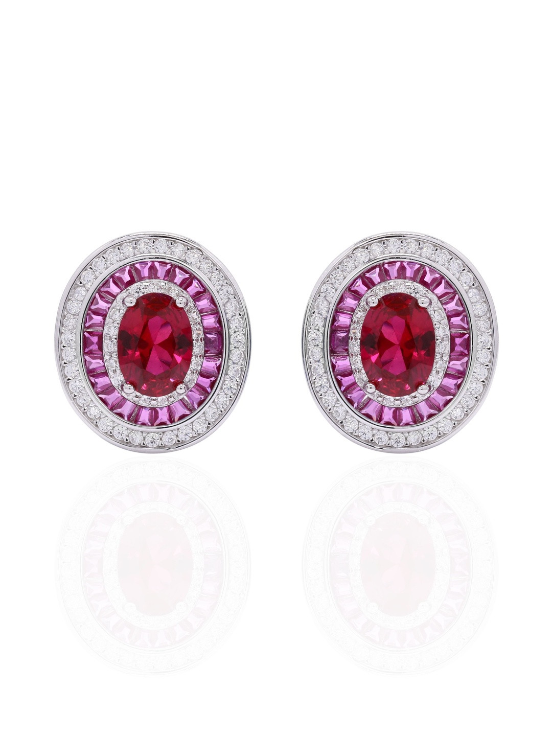 Twenty One Jewels Women Pink Rhodium-Plated Oval Studs Earrings