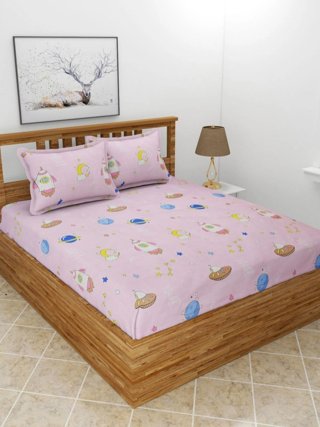 RRC Kids Pink & Blue Floral Printed 144 TC Double Bedsheet Set 2.28 m x 2.54 m