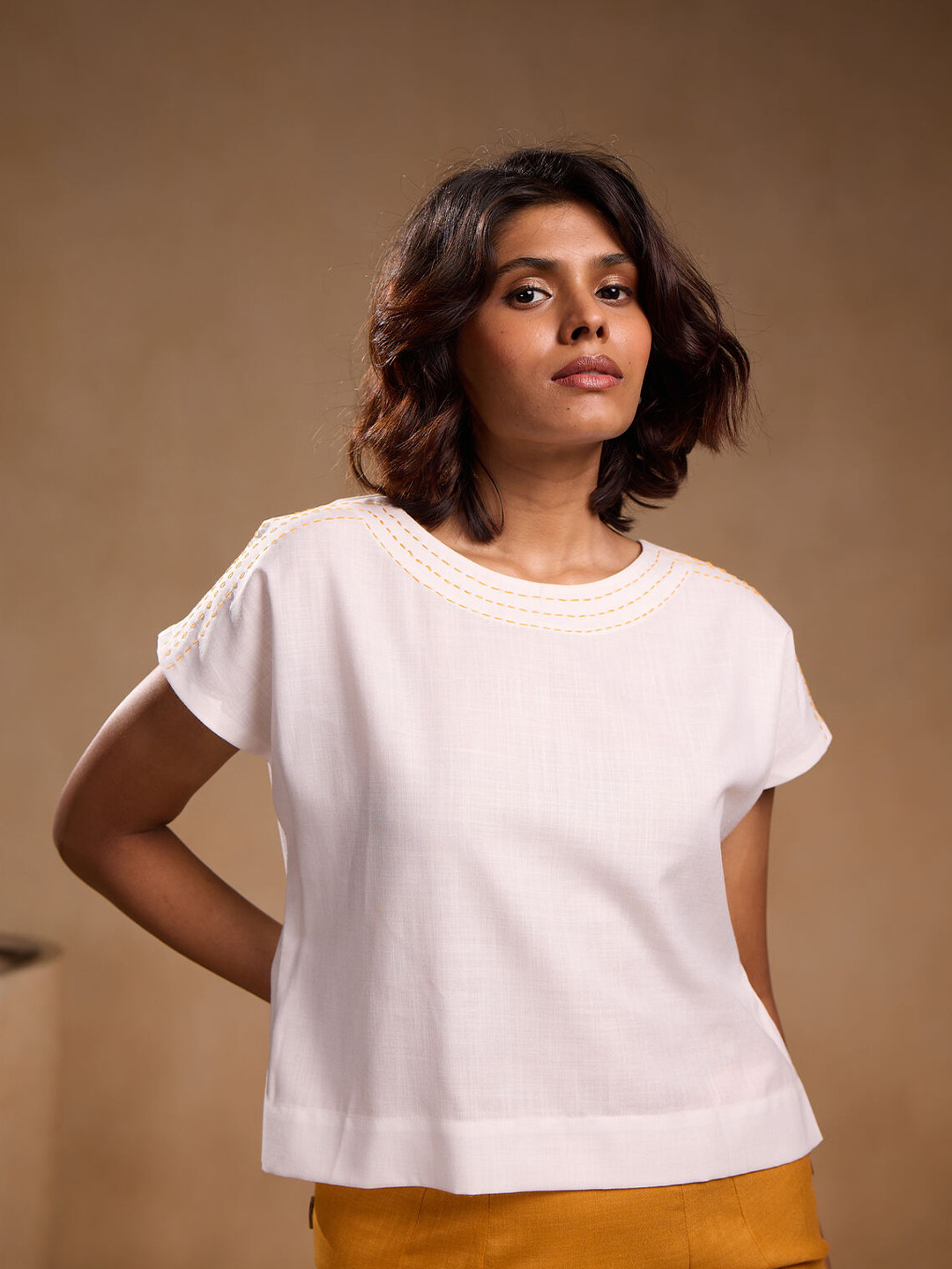 Chhaya Gandhi Design Studio Solid Embroidered Extended Sleeves Top