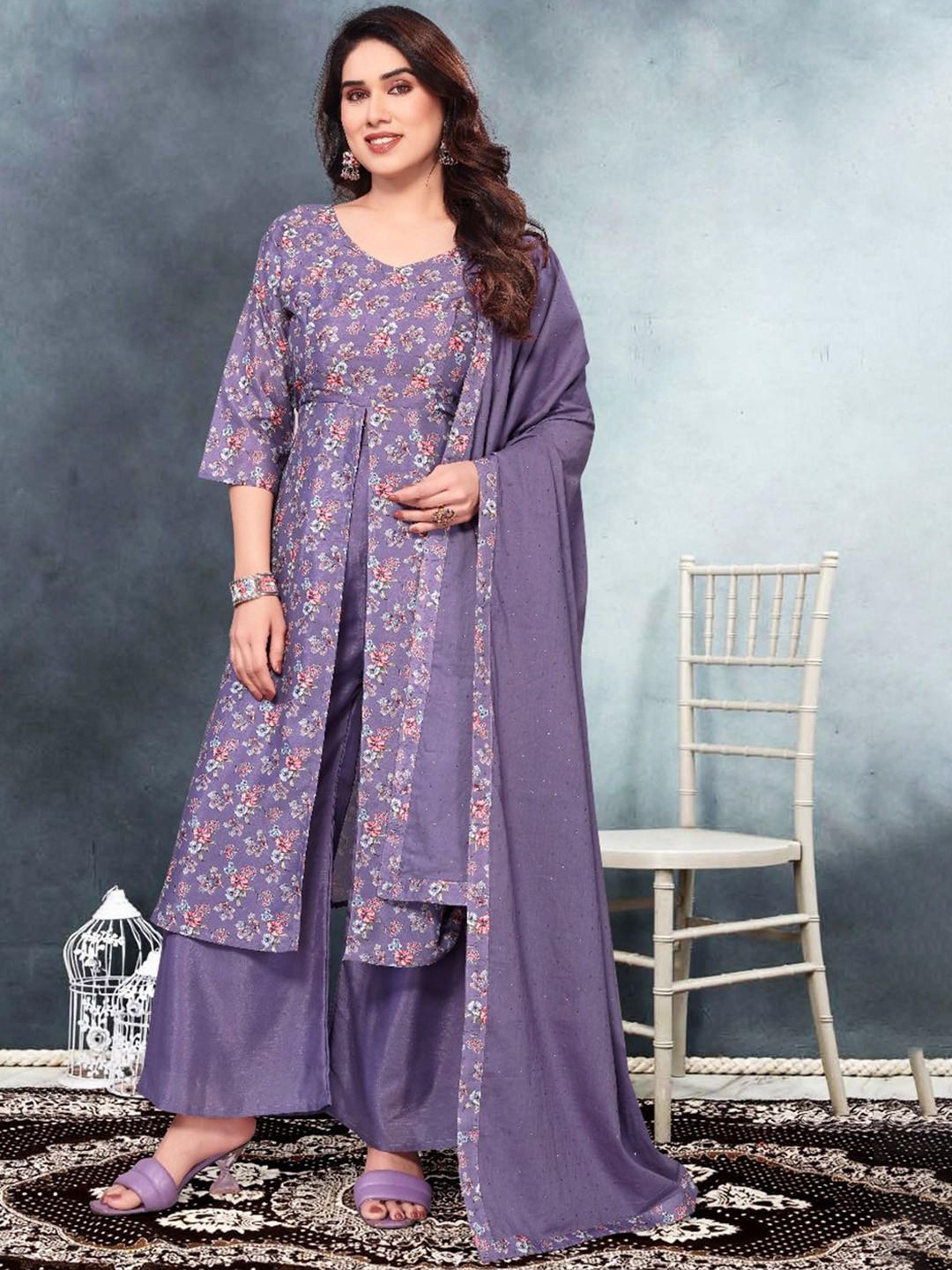 New Gravity Export Women Floral Printed Layered Kurta with Palazzos & Dupatta