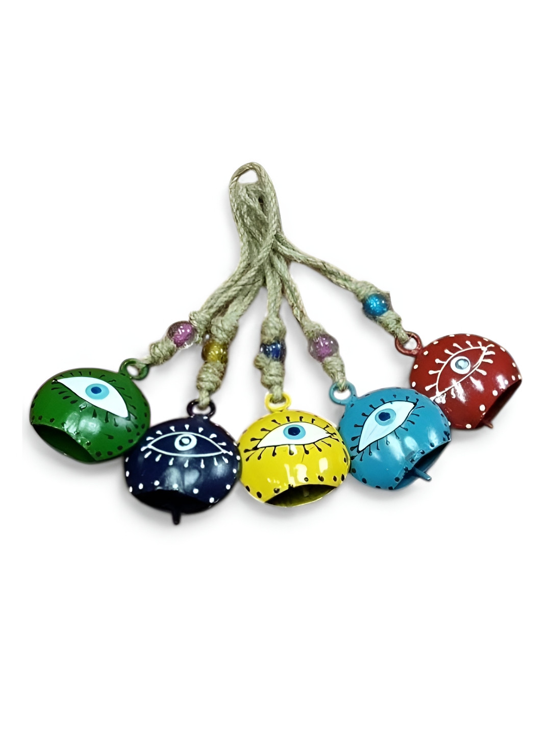 DULI Green & White 5 Pieces Textured Metal Cowbells With Evil Eye Windchimes