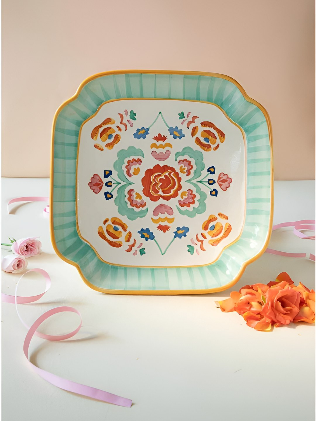 FREEDOM TREE White & Green Ceramic Dishwasher and Microwave Safe Food Platter