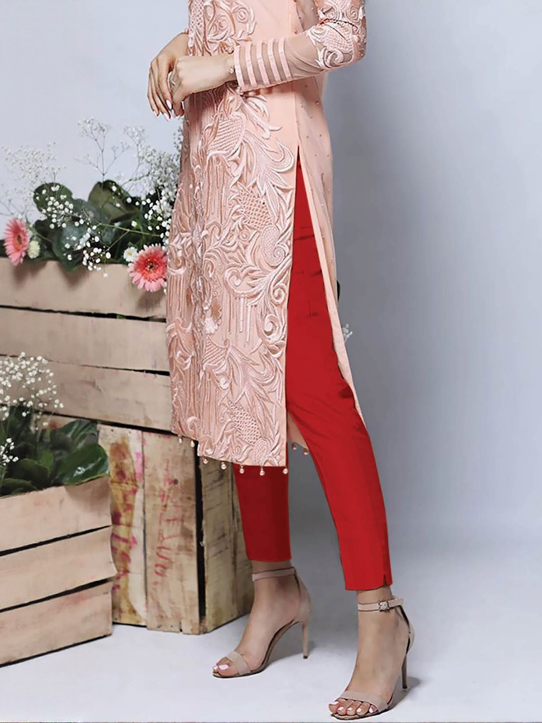 Moda Rapido Women Red Slip On Comfort Easy Wash Silk Trouser Pant With Pocket & Lining