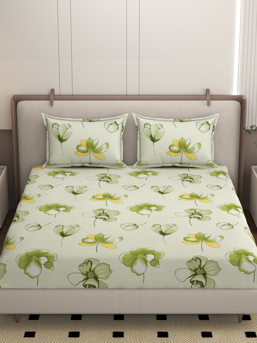 Homio  Melissa White Floral 250 TC Fitted King Bedsheet Set