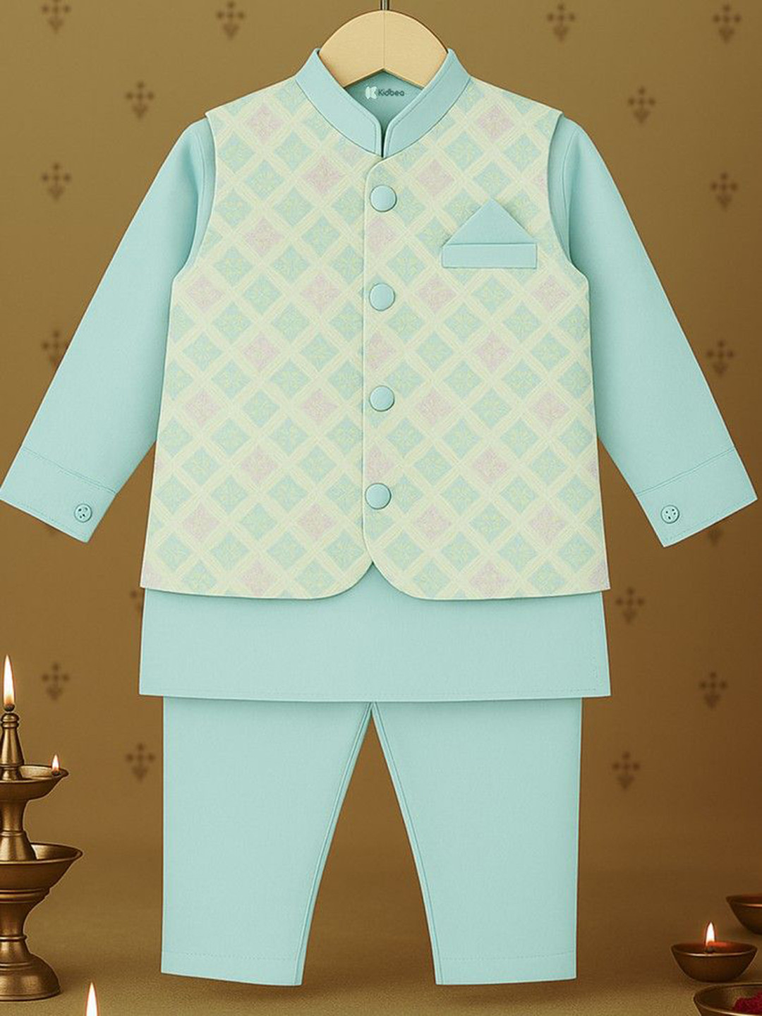 Kidbea Boys Kurta Pajama Set with Asymmetric Embroidered Nehru Jacket