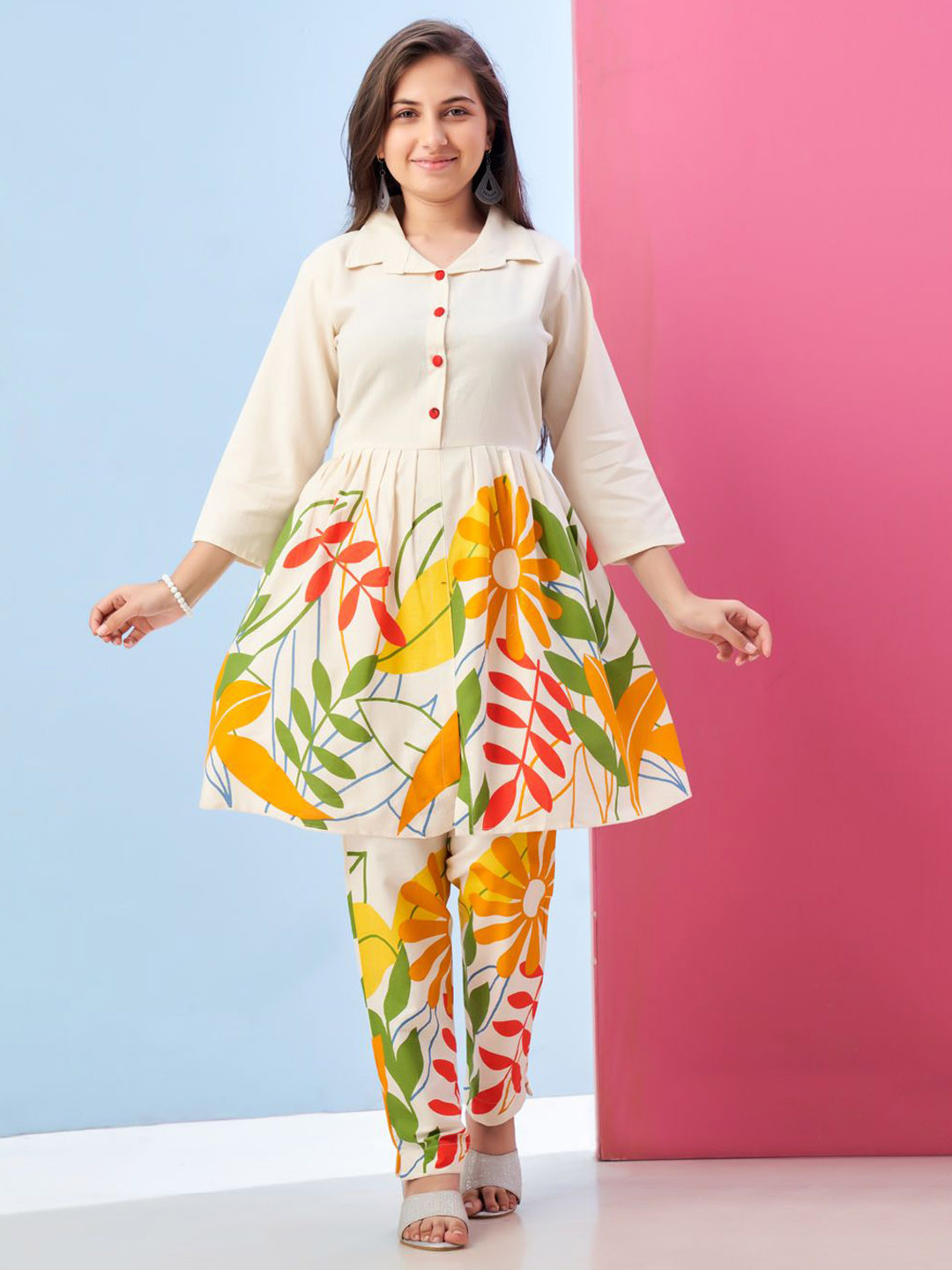 BAESD Girls Floral Print Khadi Cotton Kurta With Pants