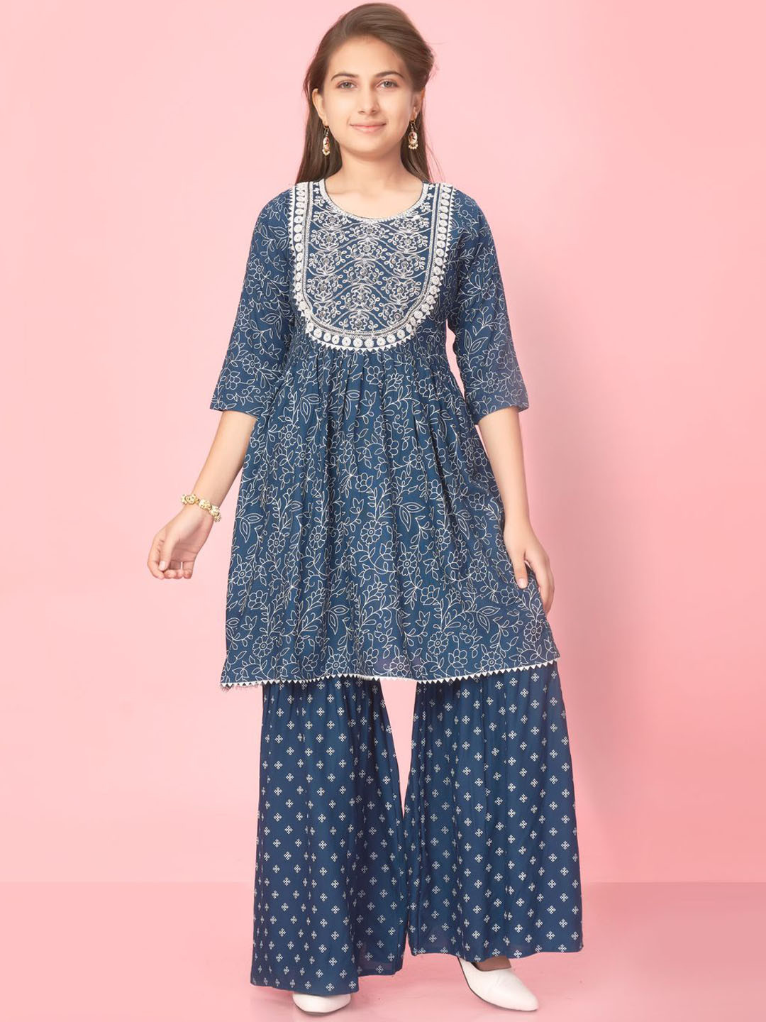 BAESD Girls Printed Pure Cotton Embroidery Kurti Sharara Set