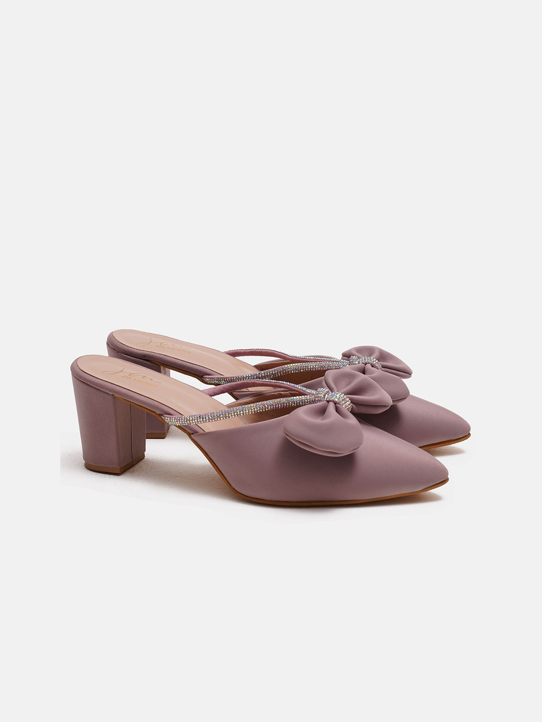 JM Looks Women Party Block Heel Mules with Bows and Embellished strap
