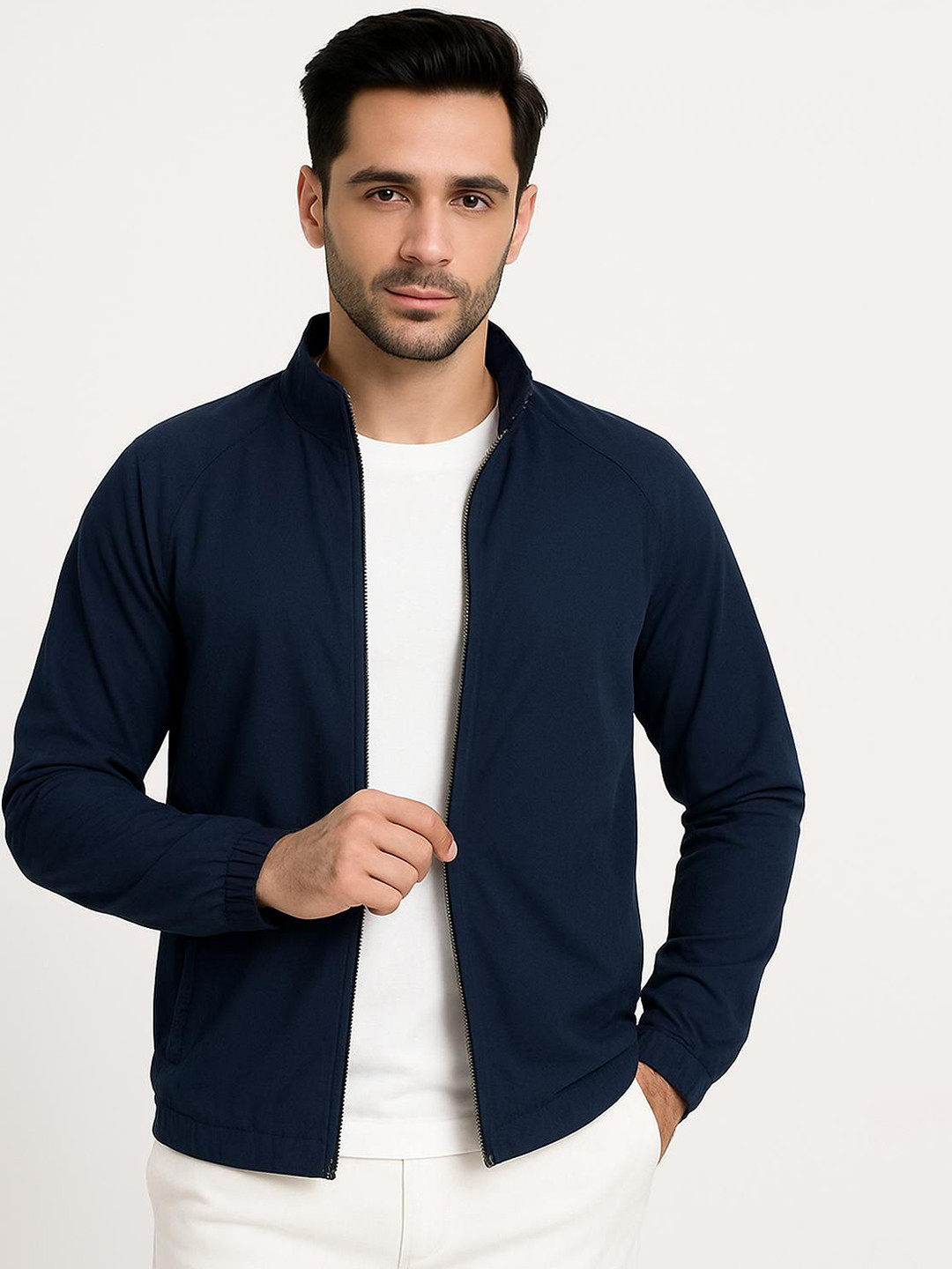 ULLAS Men Mock Collar Solid Lightweight Open Front Jacket
