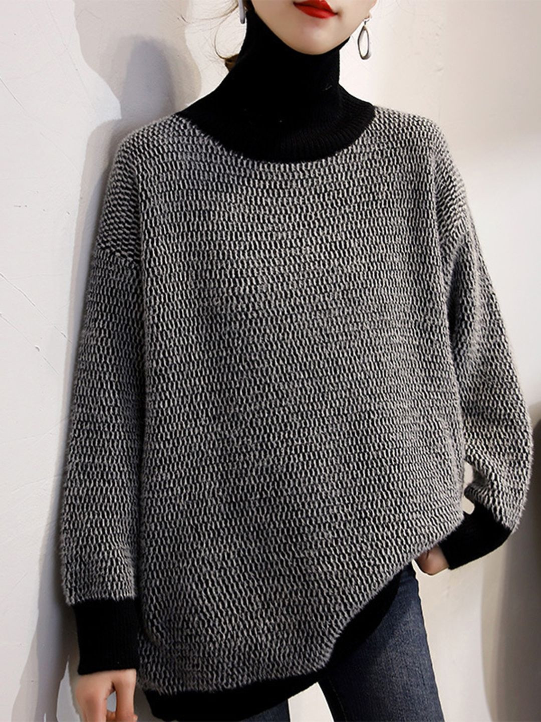 HERE&NOW Women Grey Cotton Pullover Turtle Neck Sweater
