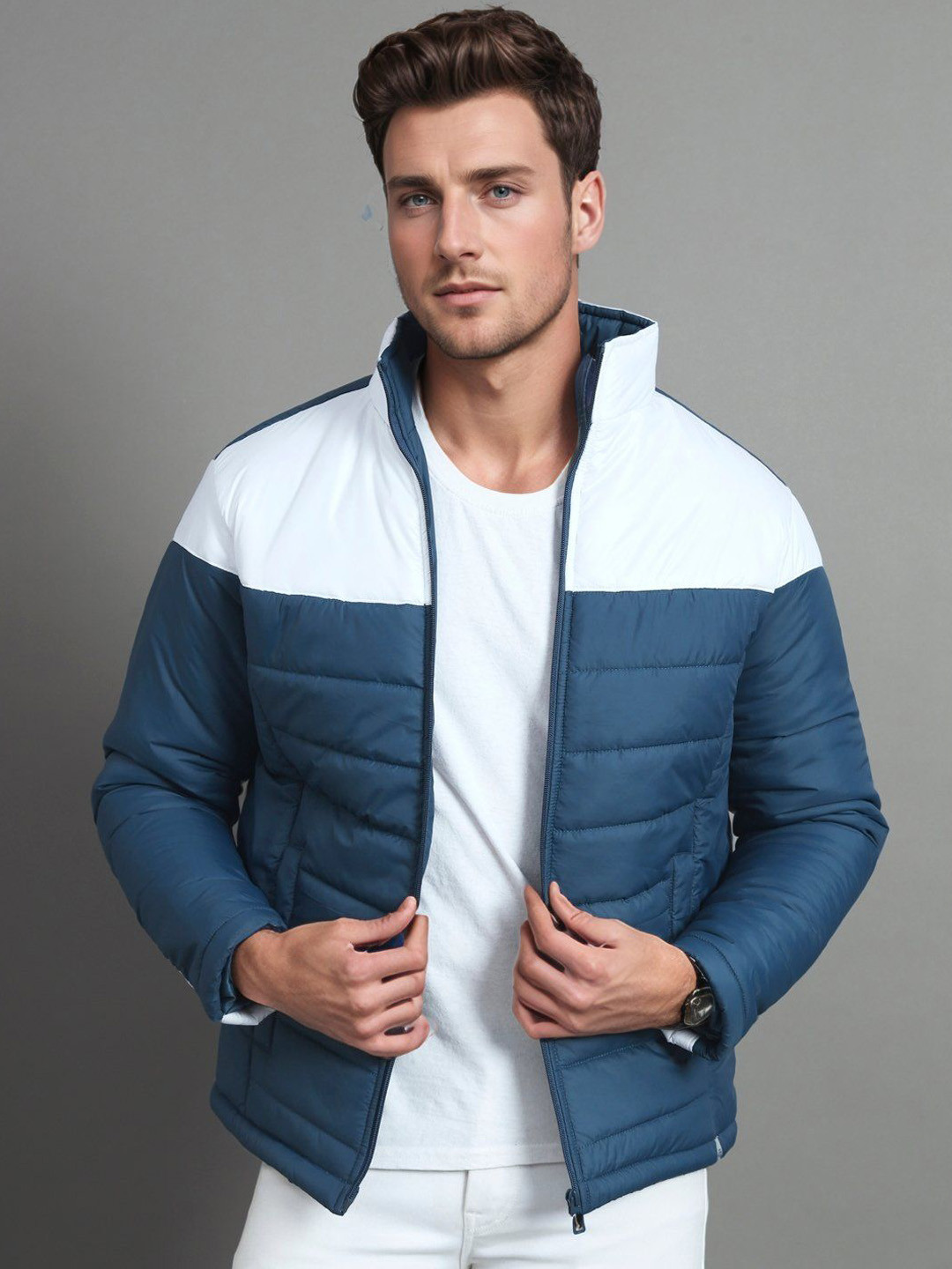 RENUOVO Men Mock Collar Colourblocked Padded Jacket