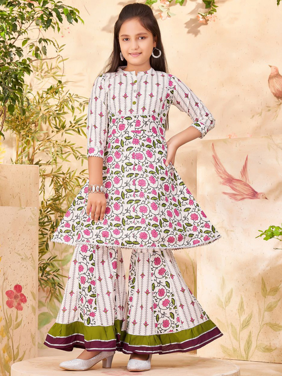 BAESD Girls Floral Printed Cotton Kurti Sharara Set