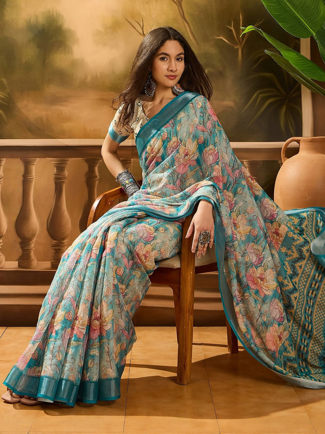 Suha  Digital Printed Linen Cotton Blend Saree