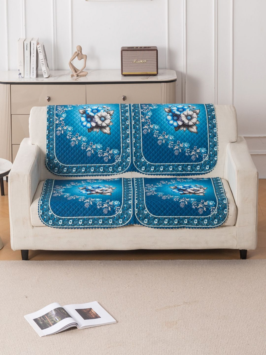 HOKIPO Royal Meadow LoomVerse Blue & White 2 Pieces Printed 2 Seater Sofa Covers
