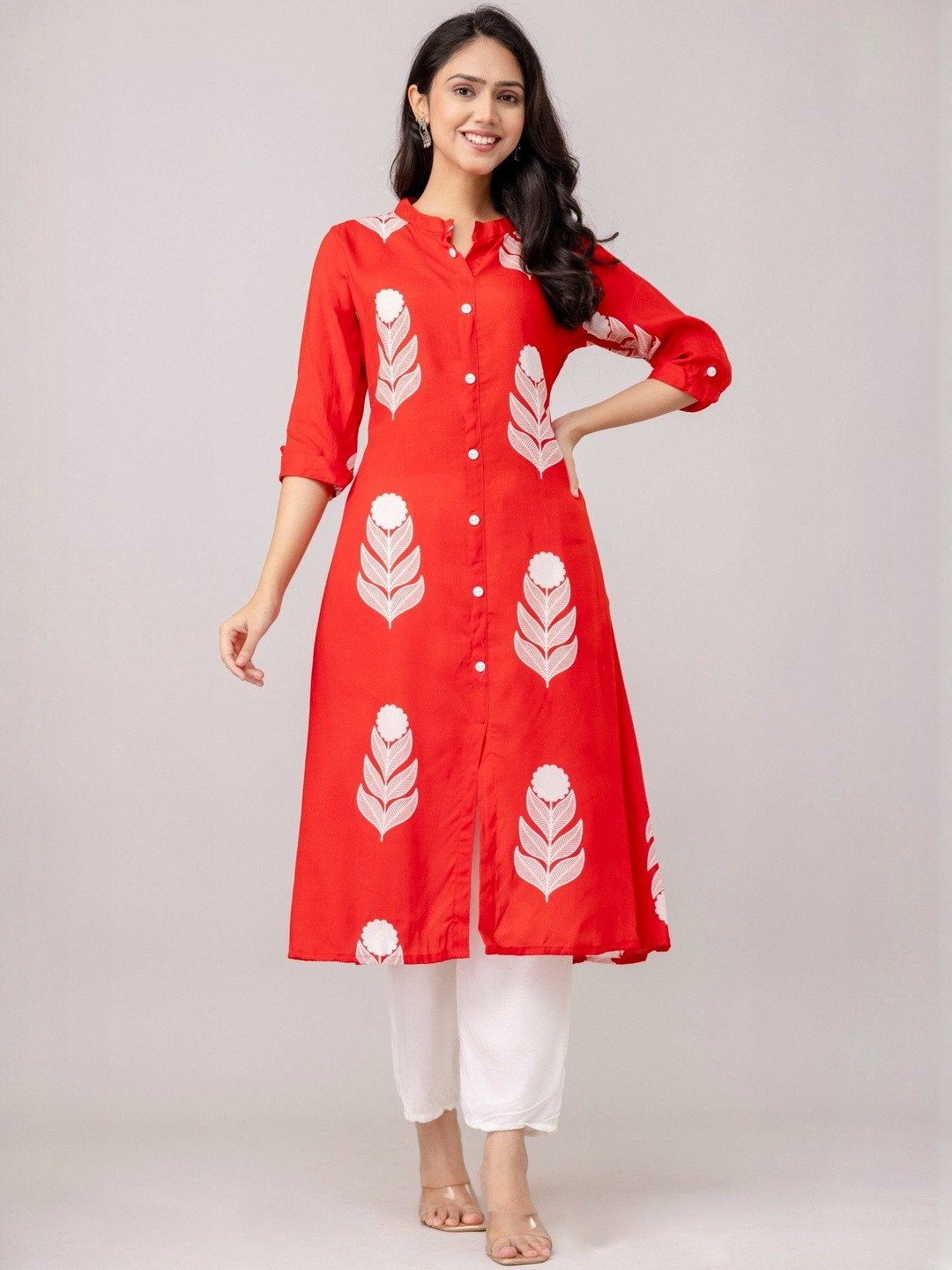 RA Creation Women Red & White Leaf Printed Mandarin Collar Cotton Kurta