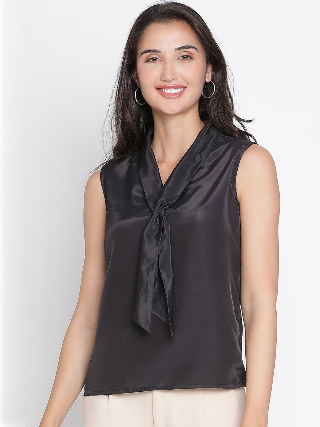 SZN Women Solid Sleeveless Tie-Up Neck Satin Top With Front Tie