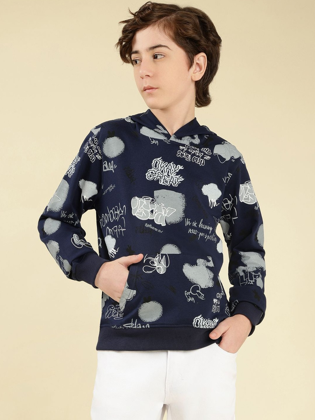 Lil Tomatoes Boys Navy Blue Printed Hooded Sweatshirt