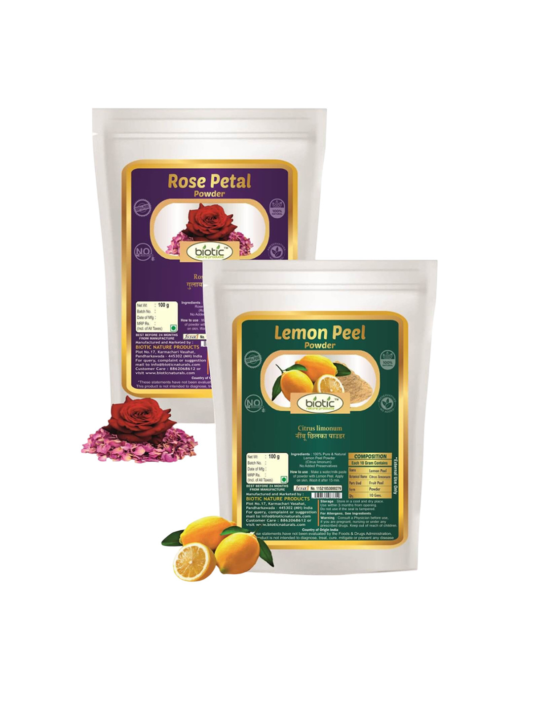 Biotic Set Of 2 Lemon Peel Extract & Rose Petal Powder Face Mask- 100 g Each