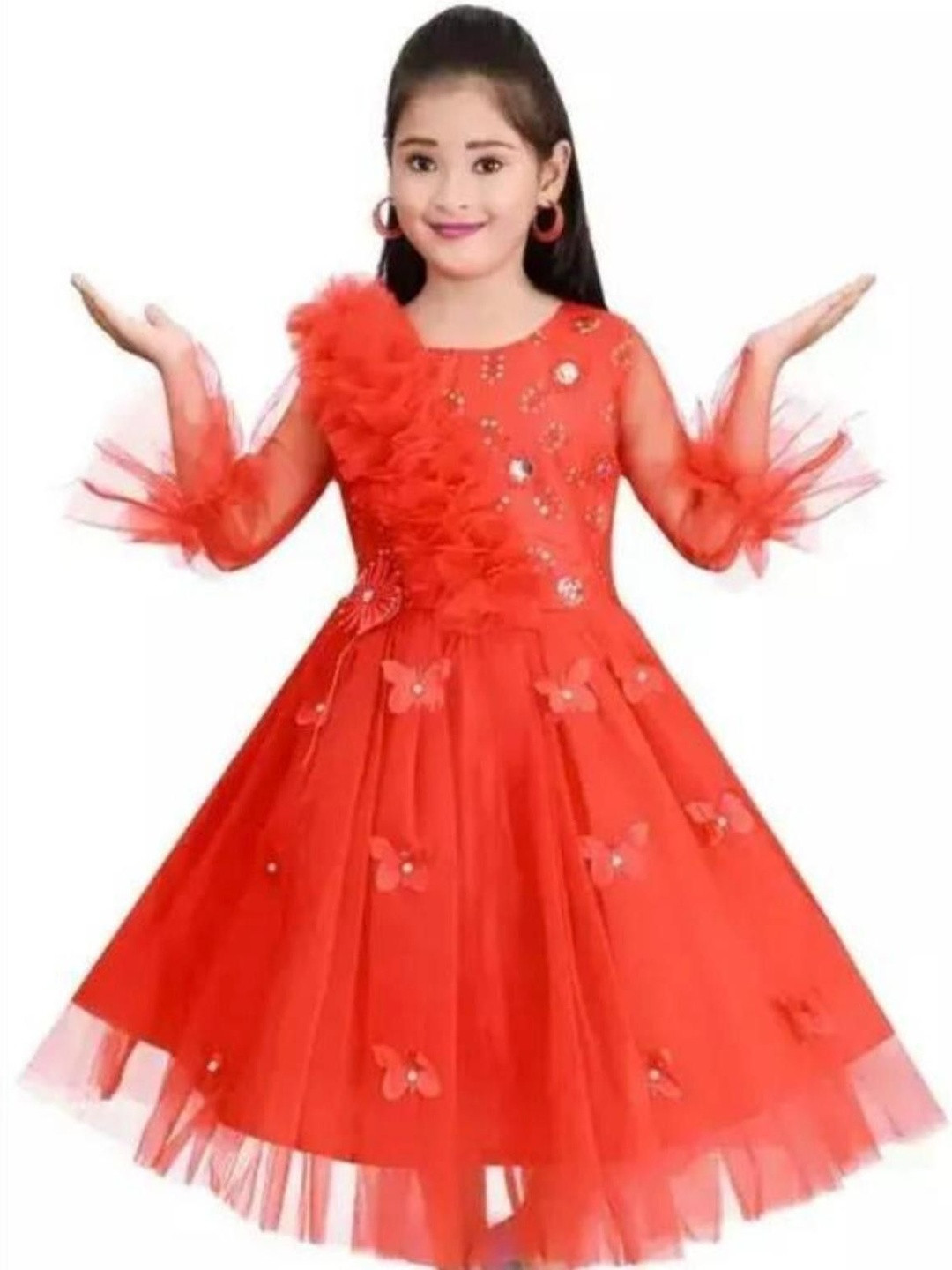 STUMBLE FASHION Girls Red Net Ruffled Fit & Flare Dress
