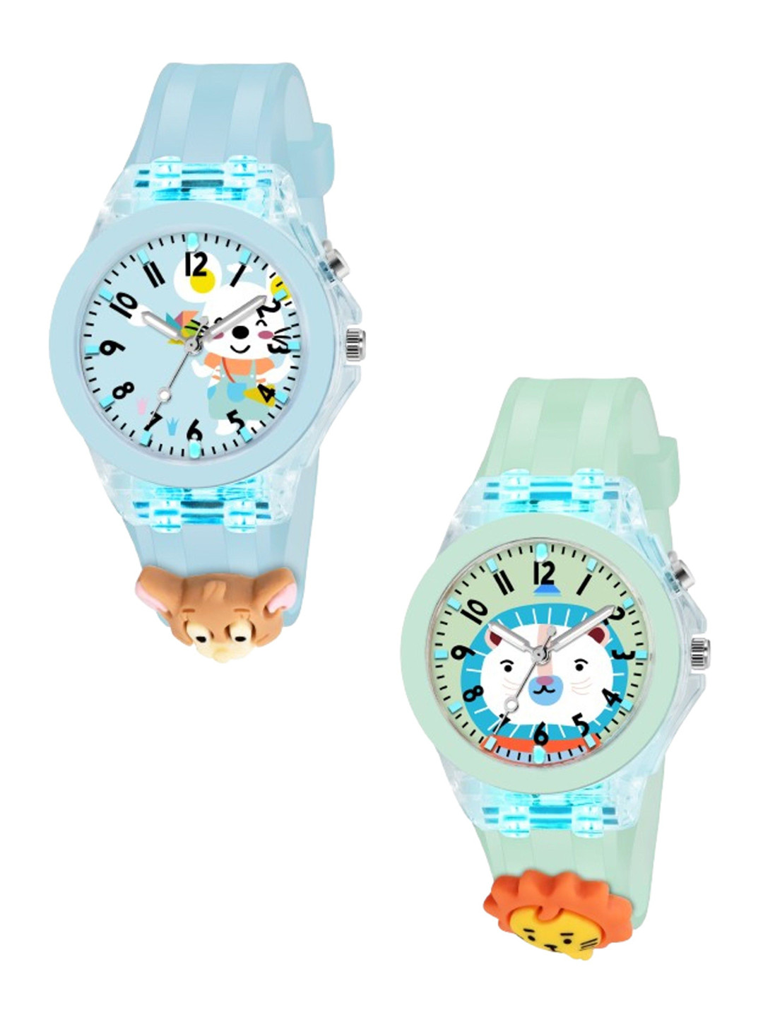 FROZIL Kids Pack of 2 Printed Dial & Straps Analogue Watches -Sky Stuart -Green Cat