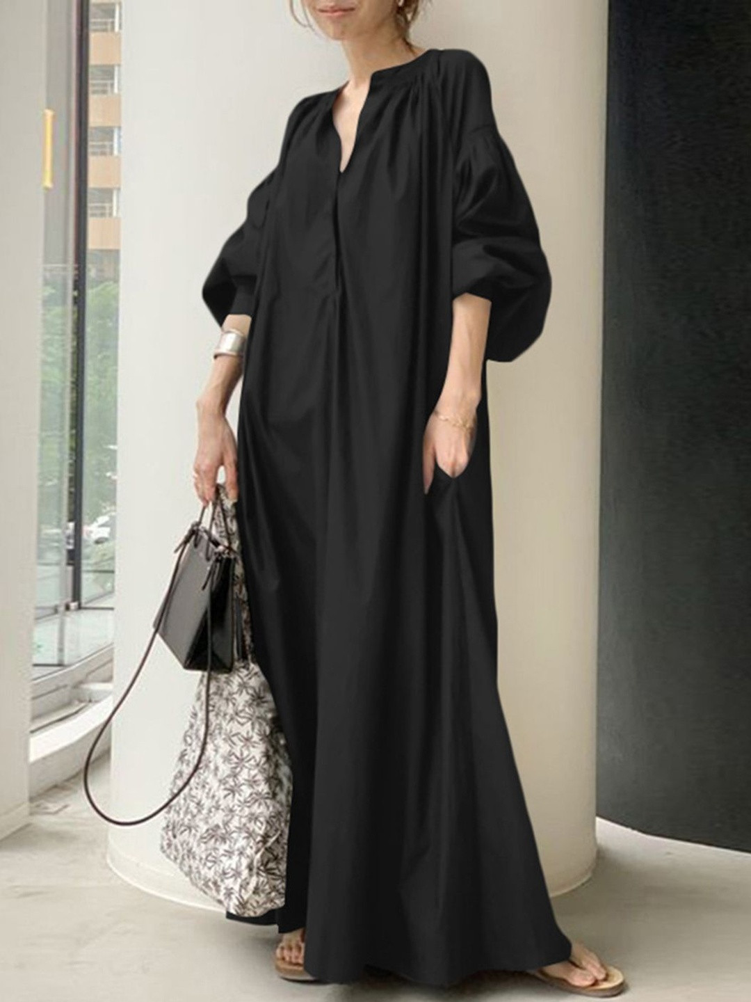 HERE&NOW Women Solid Bishop V-Neck Sleeve Maxi Oversized Dress