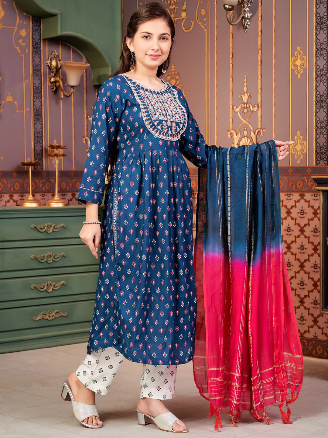 BAESD Girls Teal Blue White Ethnic Wear Floral Print Rayon Kurti Pant Set