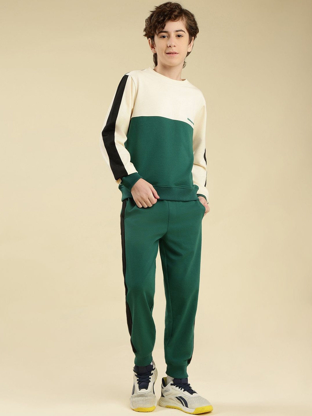 Lil Tomatoes Boys Green & Cream Colourblocked Cotton Tracksuits