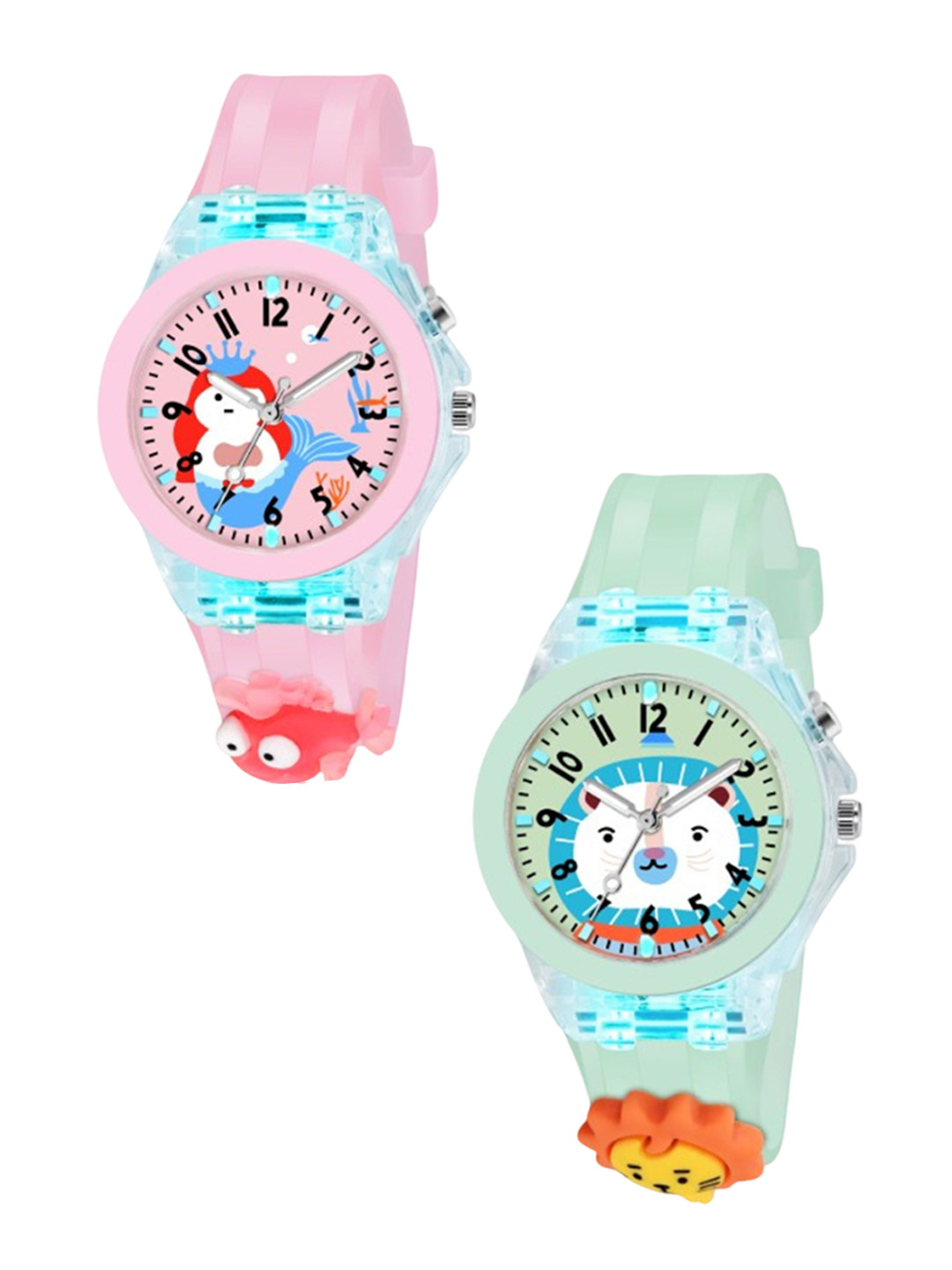 FROZIL Kids Set of 2 Printed Dial & Straps Analogue Watch Pink Fish-Green Cat