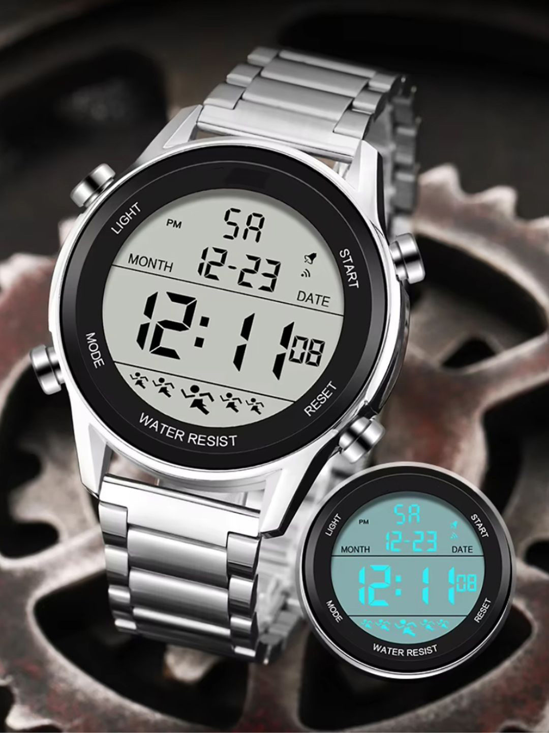 PAPIO Men Round Dial Digital LED Backlight Watch DIGITAL-031 SILVER