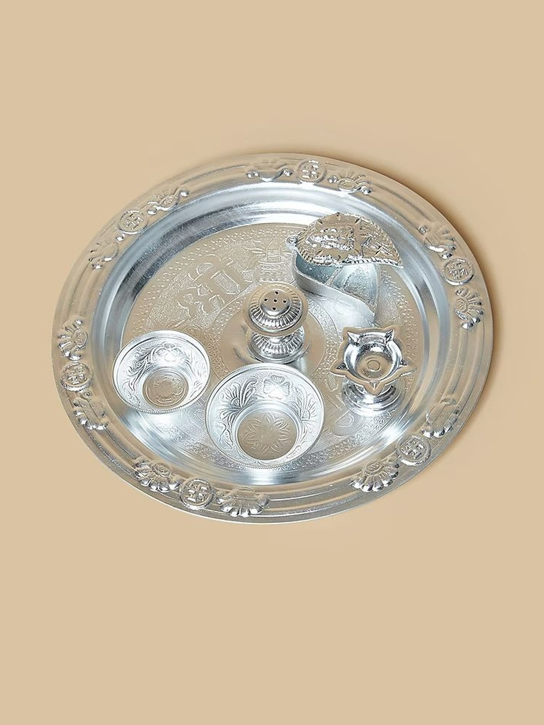 HOME DECOR BY ADITI 6 Pieces Silver Plated Pooja Thali Set