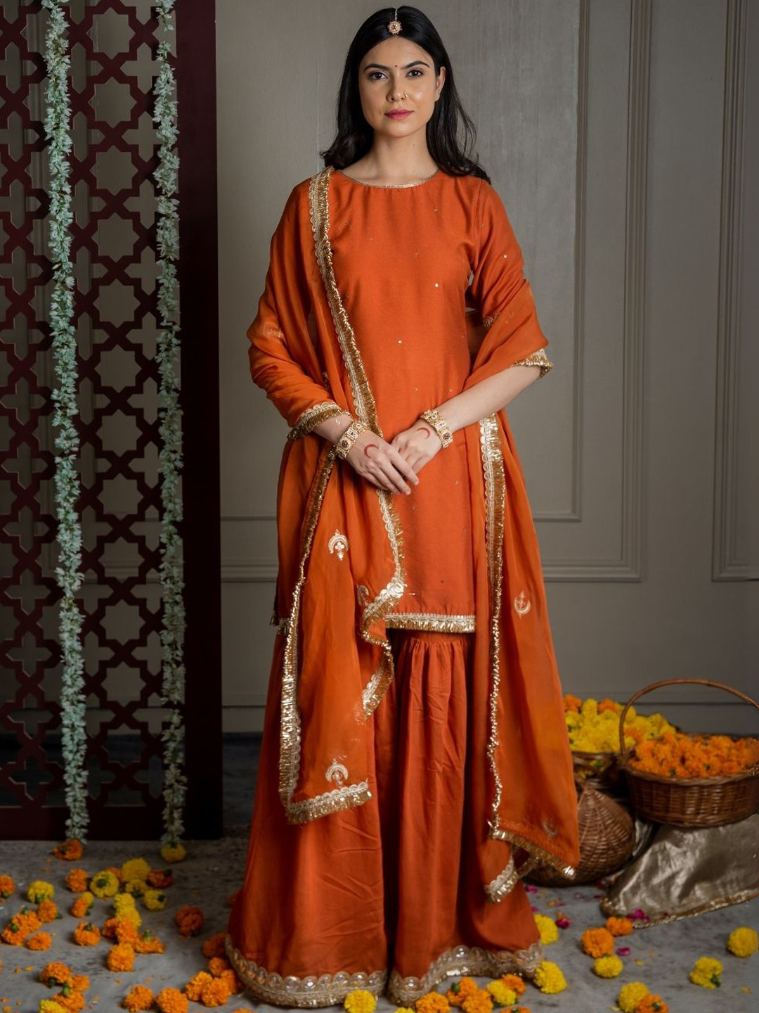 SHOP GULMOHAR Straight Sequinned Chanderi Silk Kurta With Sharara & Dupatta