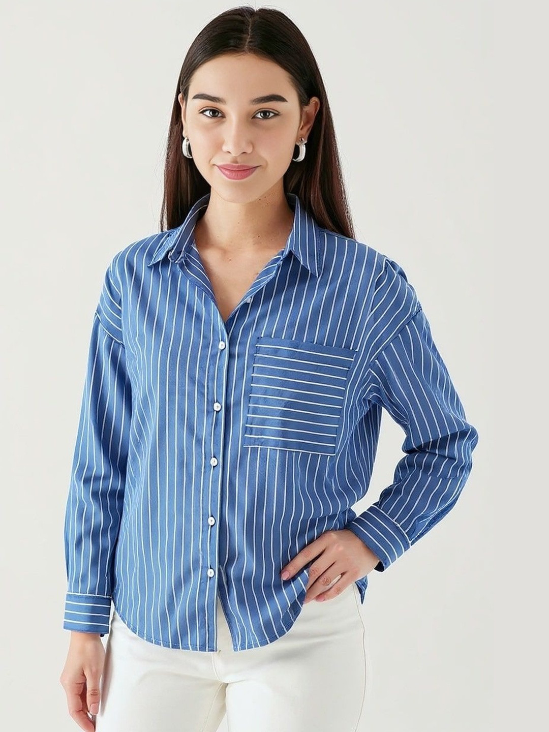 DressBerry Women Striped Oversized Button Down Shirt