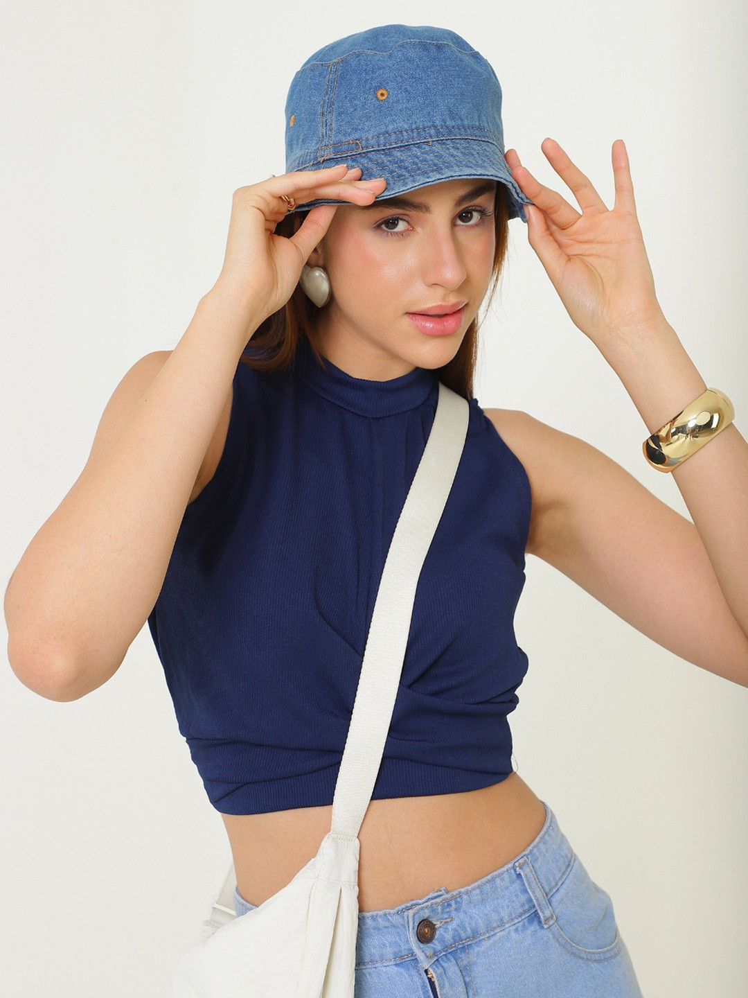 SANAITA CREATIONS Women Ribbed High Neck Knot Detail Crepe Tank Crop Top