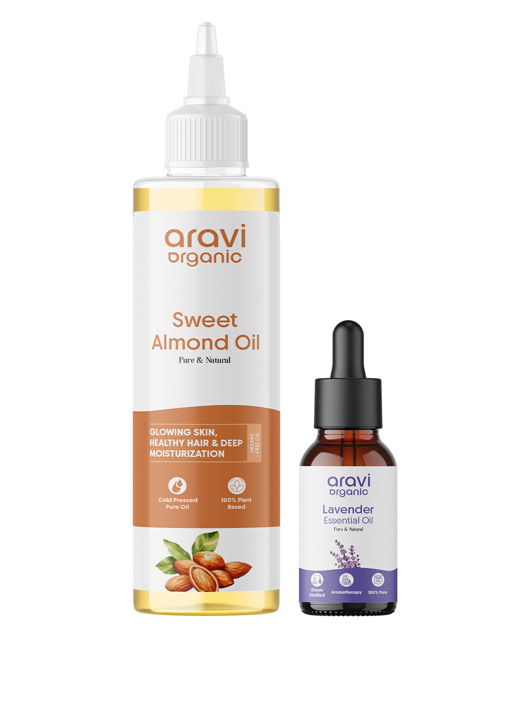 Aravi Organic Set of 2 Sweet Almond Oil & Lavender Essential Oil
