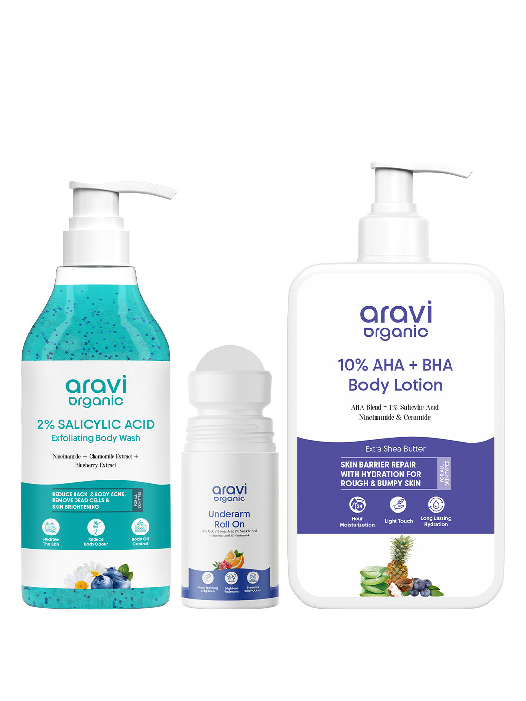 Aravi Organic Set of 3 Body Wash-300 ml Under Arm Roll On-50 ml & AHA BHA Body Lotion