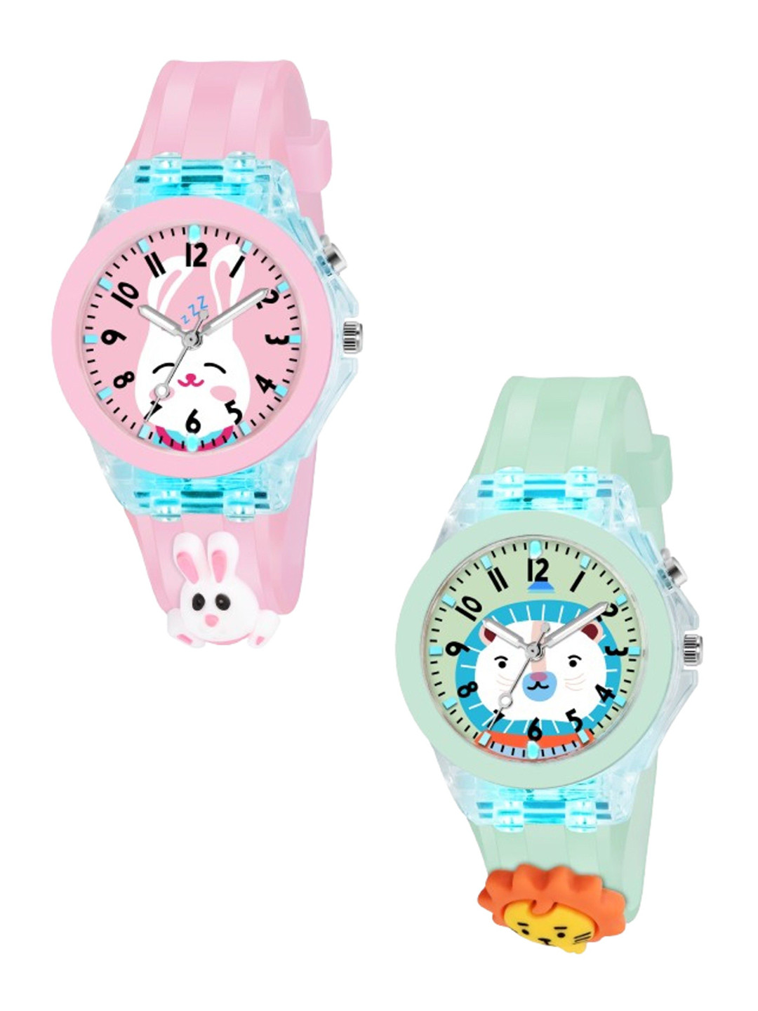 FROZIL Kids Pack of 2 Printed Dial & Straps Analogue Watches Pink Rabit-Green Cat