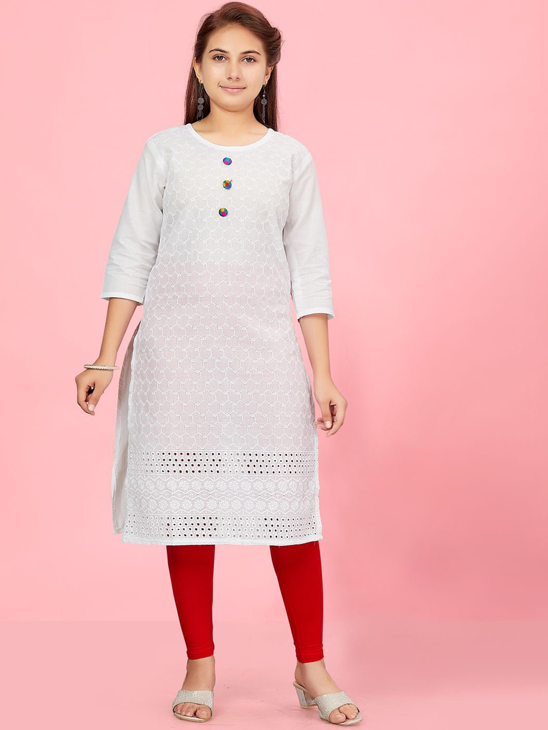 BAESD Girls White Embroidered Chikanakari Pure Cotton Kurta With Red Leggings