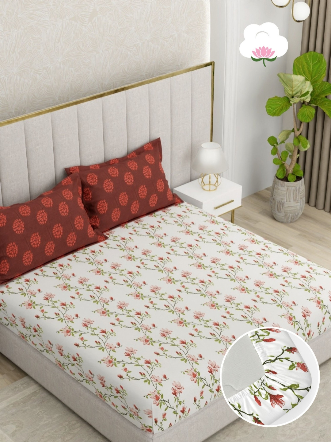 Pure Decor Pearl White Floral Pure Cotton 180 TC King Bedsheet Set-1.82mx1.93mx22.86cm