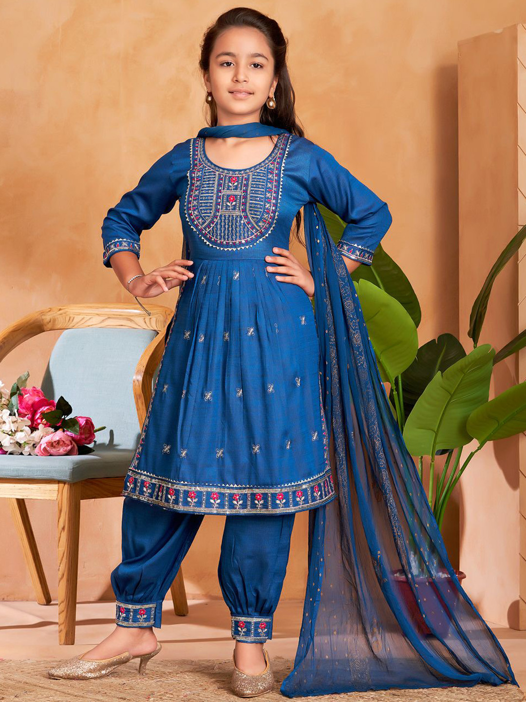 BAESD Girls Blue Thread Embroidery Cotton Blend Kurti Ethnic Wear Patiala Set