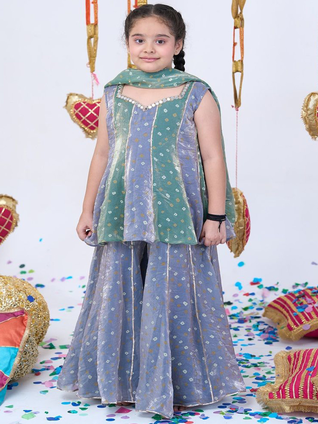 Vivedkids Girls Grey & Green Bandhini Sleeveless Sharara Kurta Sets