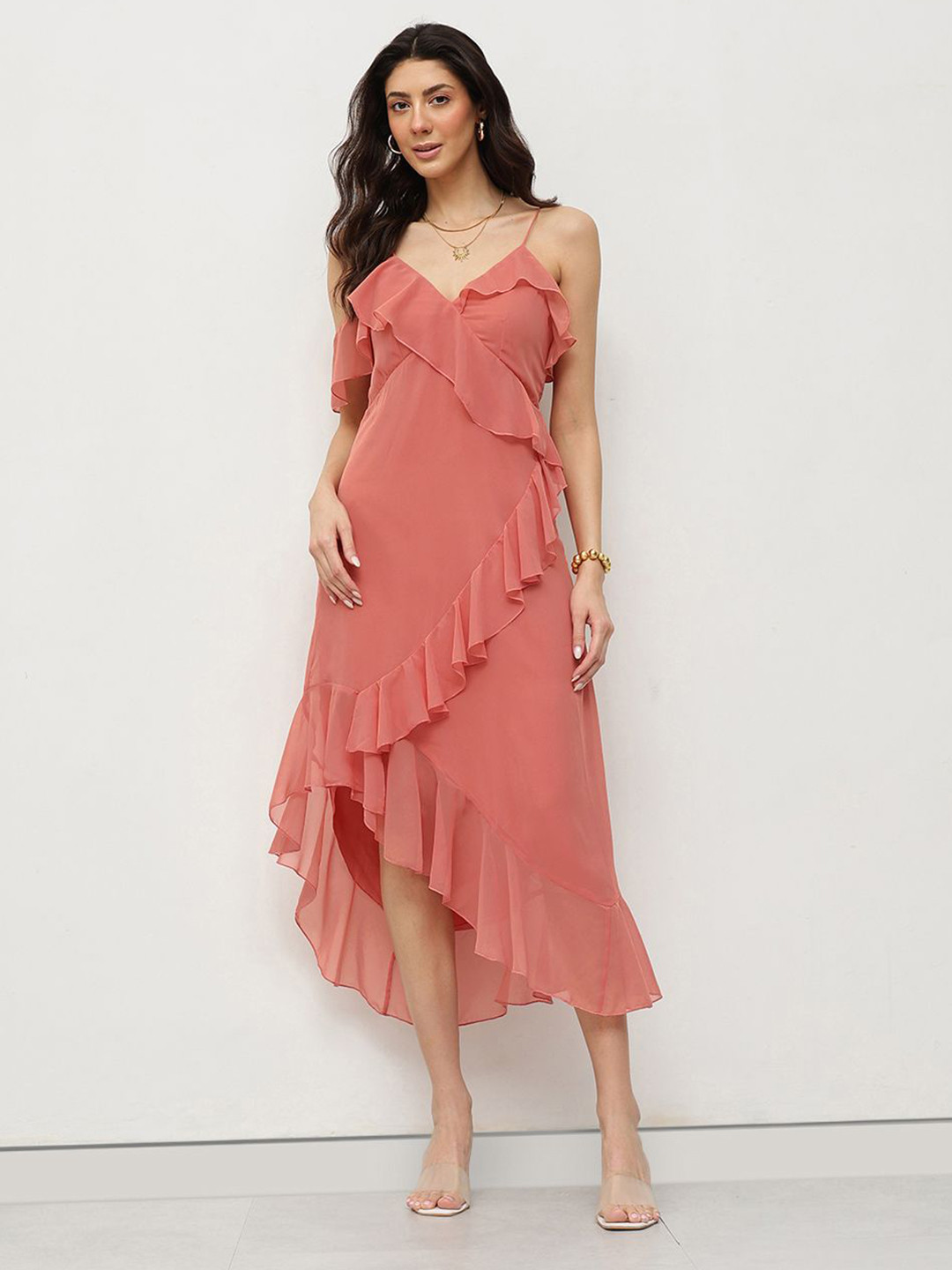 HOUSE OF S Women Ruffled Chiffon Asymmetric Hem A-Line Midi Dress