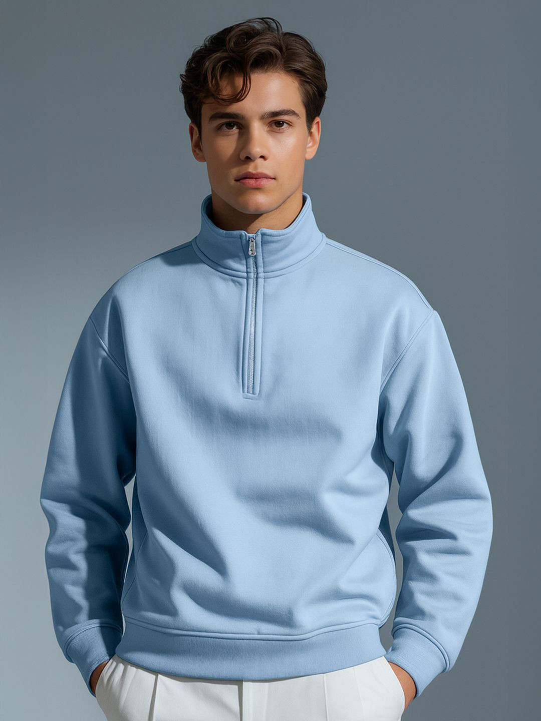 NOBERO Men Mock Neck Cotton Fleece Relaxed Fit Solid Sweatshirt