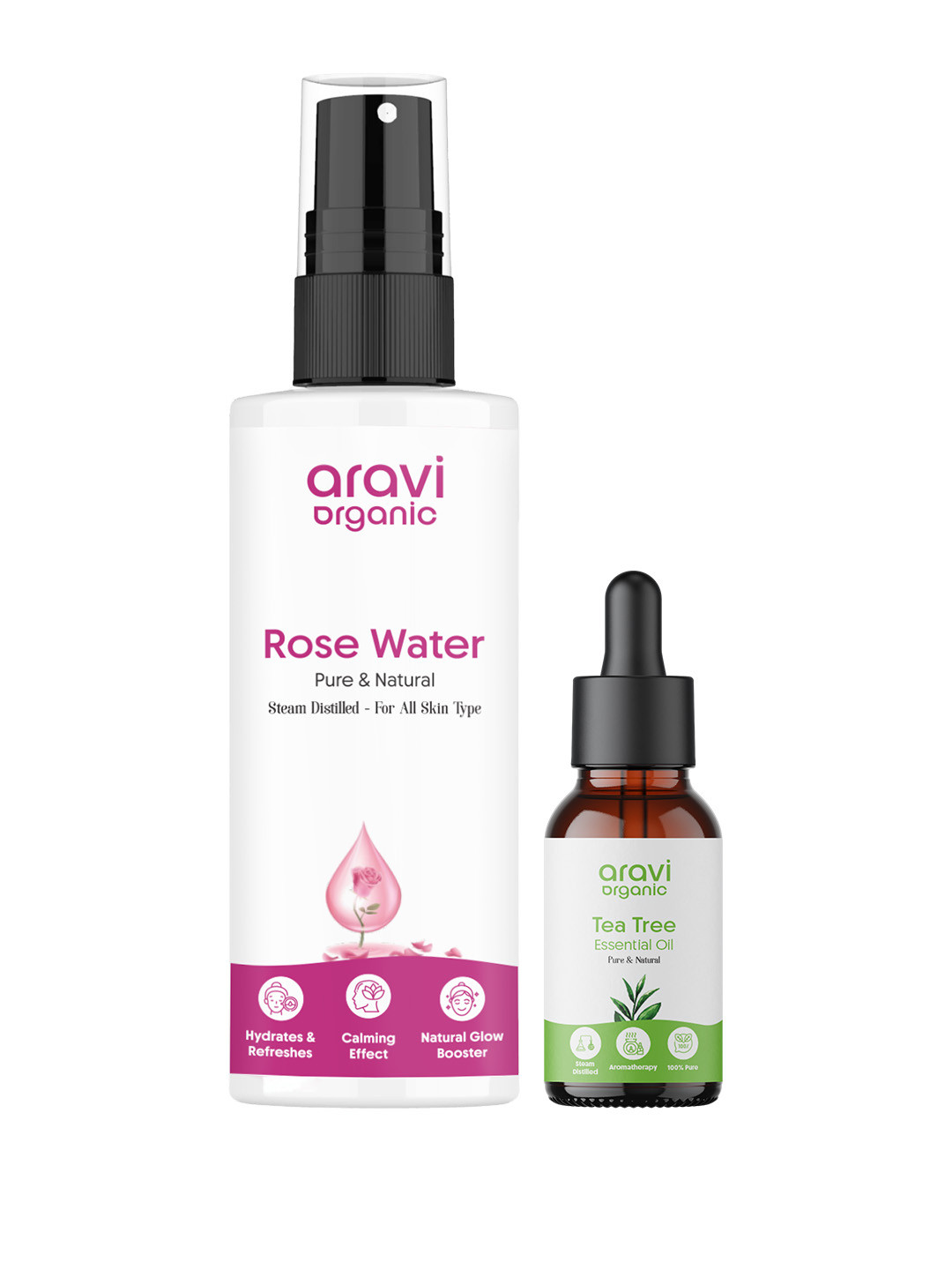 Aravi Organic Set Of 2 Rose Water - 150 ml & Tea Tree Essential Oil - 15 ml