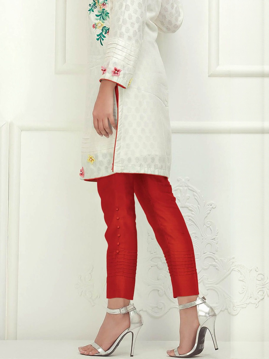 Moda Rapido Women Red Textured Embellished Silk Trousers Pants