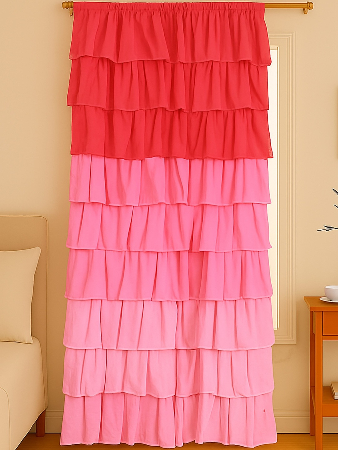NUEVOSDAMAS Pink Set of 2 Pure Cotton Solid Ruffle Curtain