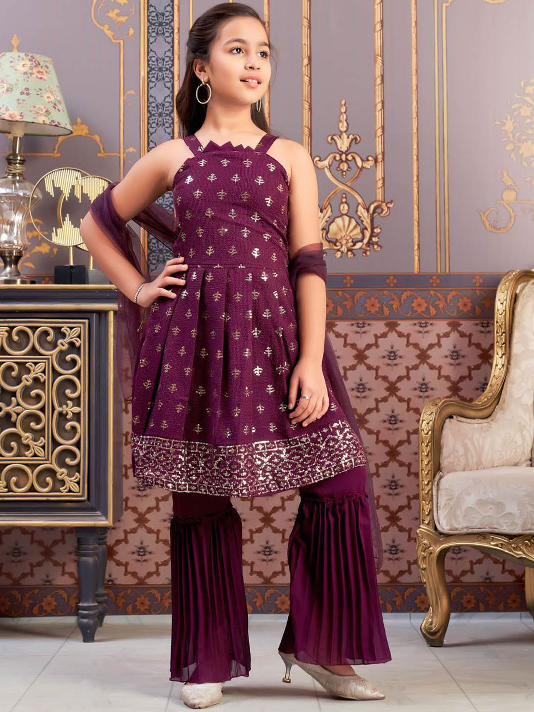 BAESD Girls Wine Sequin Embroidery Georgette Kurta Sharara Set With Dupatta