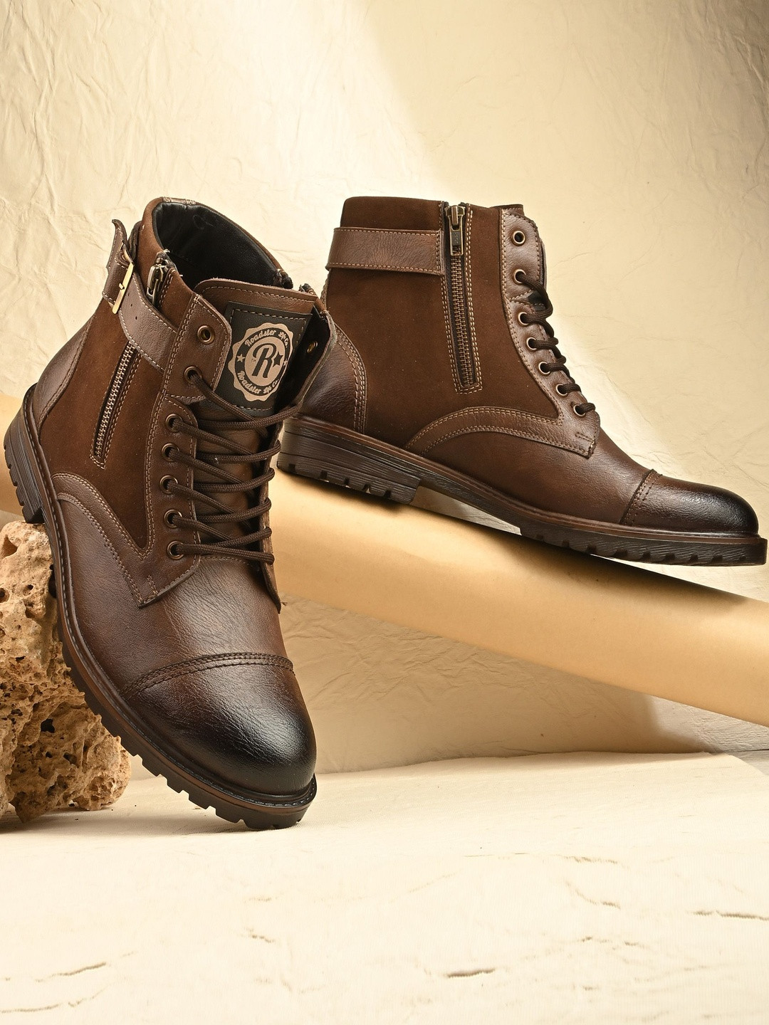 Roadster Men Brown High Top Round Toe Lace Up Synthetic Biker Rugged Boots