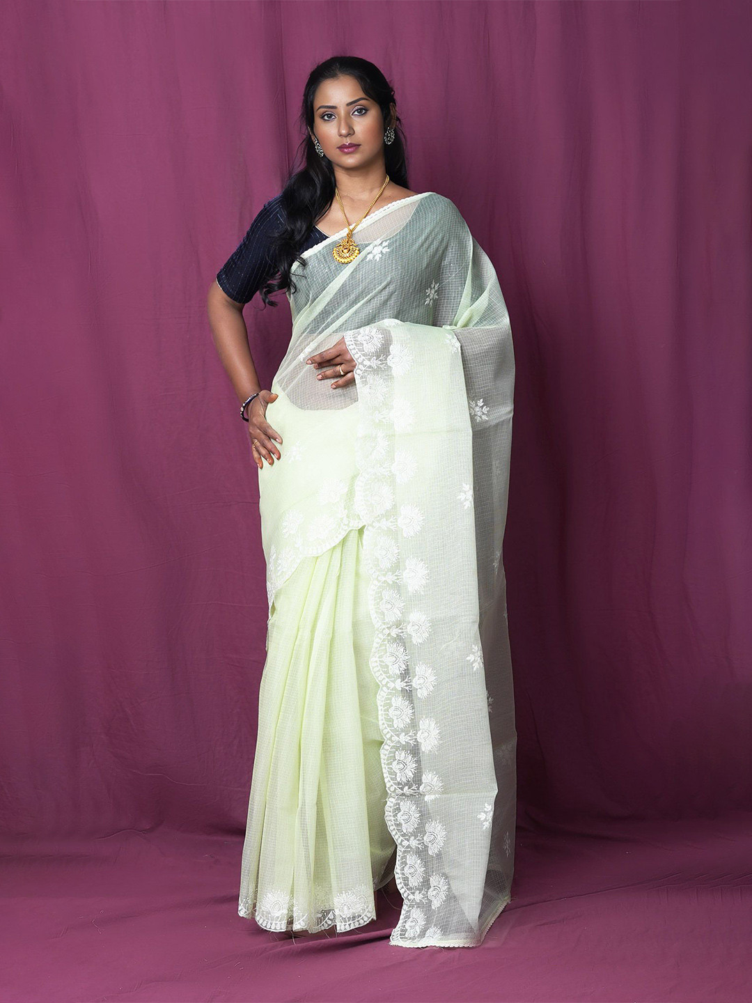 Unnati Silks Floral Embroidered Net Designer Kota Saree With Unstitched Blouse Piece