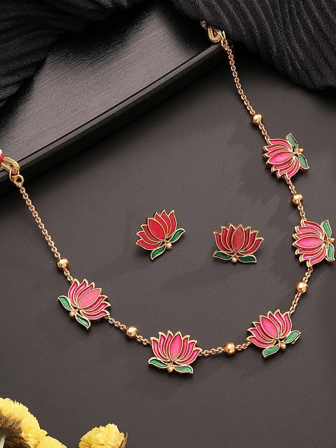 Anouk Pink Lotus Motif 18K Gold-Plated Enamelled Neckalce & Earring Jewellery Set