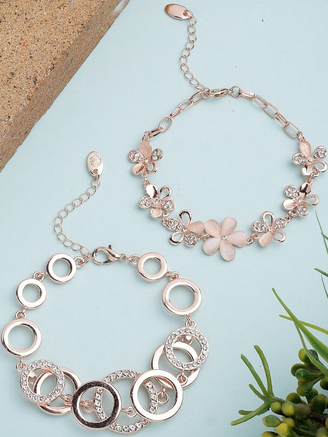 Scintillare By Sukkhi Set Of 2 Rose Gold-Plated Crystals Studded Link Bracelets